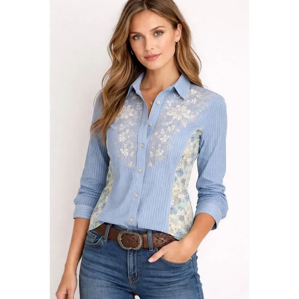 3J Johnny Was Embroidered Western Snap Shirt Small Blue